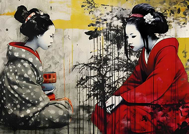 Geisha in Red and Grey