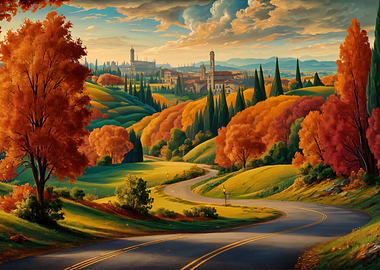 Autumn Road Through Hills