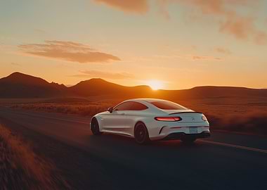 White Mercedes Coupe Sunset