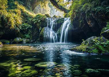 Tranquil Waterfall in Lush Forest