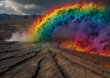 Rainbow Smoke Over Cracked Earth