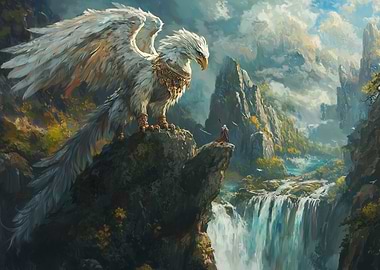 Griffin Rider Overlooking the Waterfall