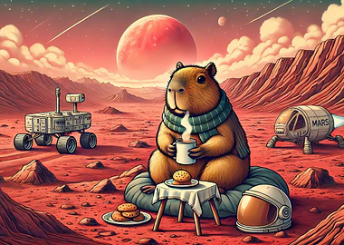 Capybara drinks coffee on Mars