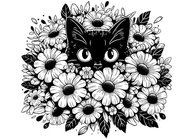 Black Cat in Flowers