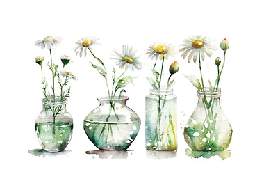 Watercolor Daisies in Vases