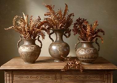 Ornate Vases with Dried Ferns