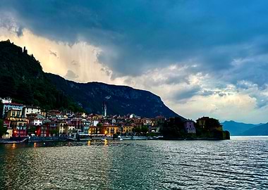 Town on a Mountainside at Dusk