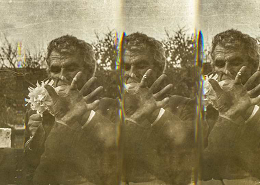 Stranger. Vintage glitch photo of man with flower
