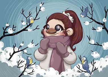 Winter Girl with Birds