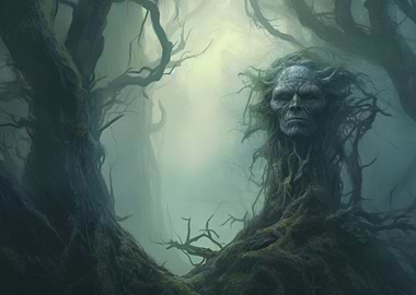 Ancient Woods Tree Spirit in Foggy Forest