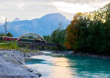 Steam Train Crossing River Bridge