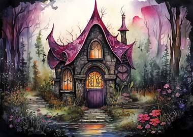 Magical Enchanted Forest Cottage Watercolor