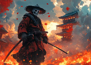 Crimson Ronin: The Fiery Samurai Specter - Skull in Flames