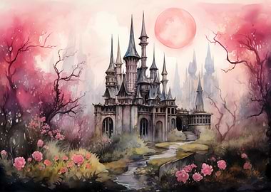 Magical Enchanted Forest Castle Watercolor