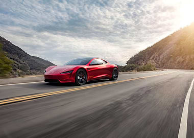 Red Tesla Roadster on Road