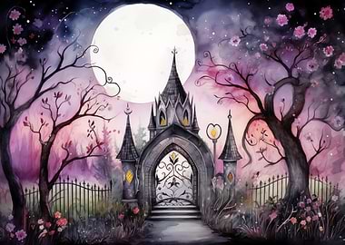 Whimsical Enchanted Watercolor Castle Gate