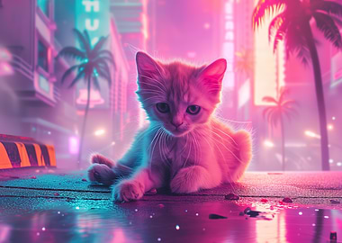 Neon Kitten in Cityscape