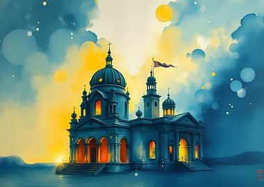 Watercolor Church at Sunset