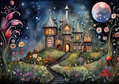Whimsical Watercolor Enchanted Castle at Night