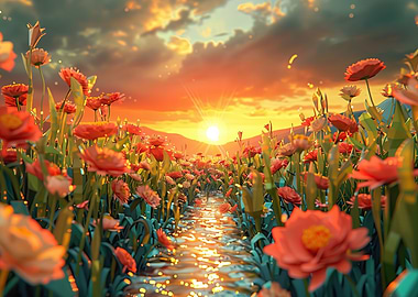 Golden Sunset Creek with Vibrant Blooms