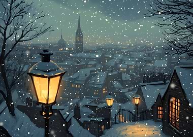 Snowy Cityscape at Night