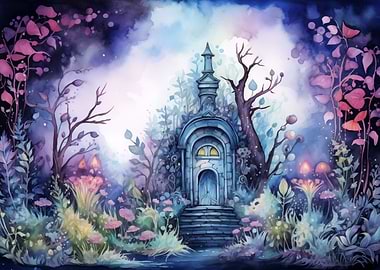 Magical Watercolor Whimsical Forest Cottage