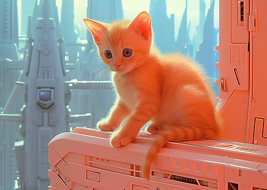Kitten in Bright Futuristic City