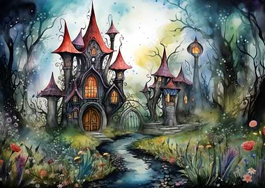 Whimsical Watercolor Enchanted Forest Castle