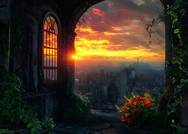 Sunset Cityscape Through Window