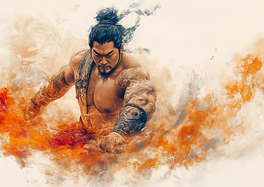 Muscular Warrior in Flames