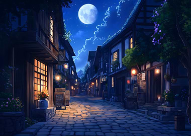 Nighttime Village Street