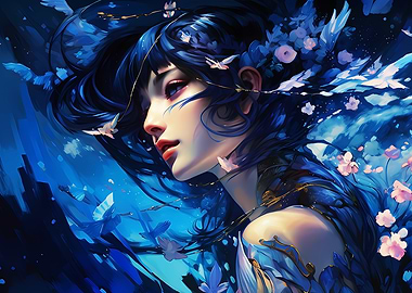 Blue-Haired Woman with Flowers