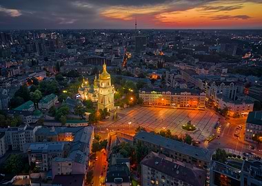 Aerial View of Kyiv at Sunset