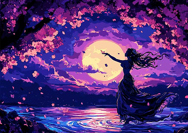 Silhouette Woman Moonlit Lake