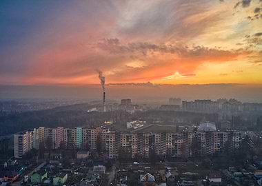 Cityscape Sunset with Smoke