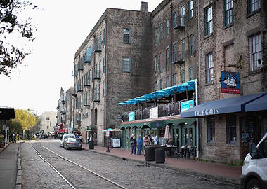 Cobblestone Street with Shops River Street Savannah Georgia