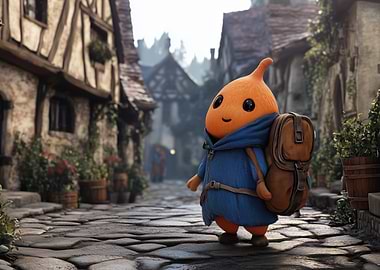 Cute Orange Character in Medieval Town