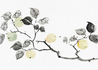 Japanese Ink Painting of Fruit Branch