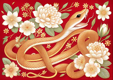 Golden Snake with Flowers