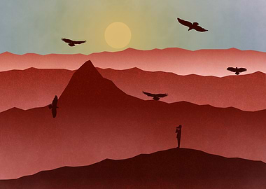 Mountain Sunset with Birds