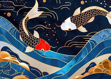 Koi Fish in Blue Waves