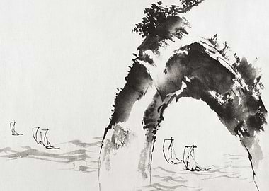 Ink Wash Seascape with Boats