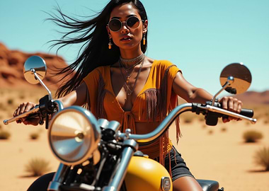 Native Woman on Motorcycle in Desert