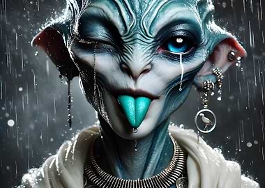Blue-Skinned Alien in Rain
