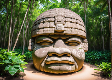 Olmec Stone Head Sculpture in Forest
