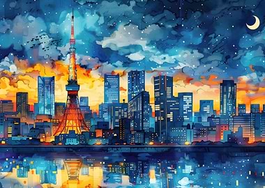 Tokyo Skyline Watercolor
