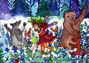 Dancing Forest Friends Watercolor