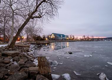 Frozen Waterfront at Dusk