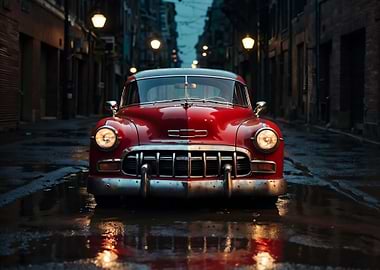 Classic Red Car in Alley