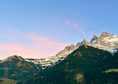 Snowy Mountain Peaks at Sunset in Champery Switzerland